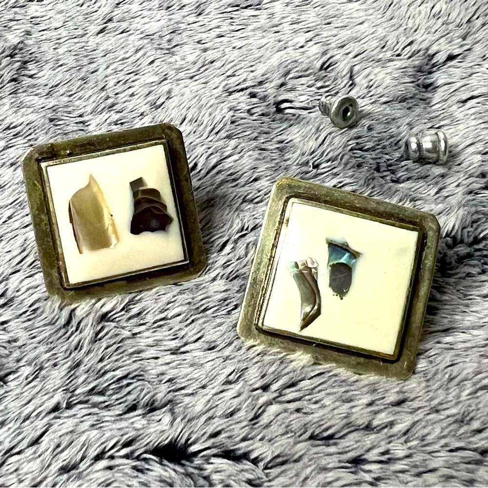 Vintage Hecho en Mexico Sterling Abalone Mid Century Modern Pierced Earrings